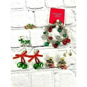 Lot of 6 Holiday Christmas Jewelry Bundle Bracelet Earrings Bells Green Red
